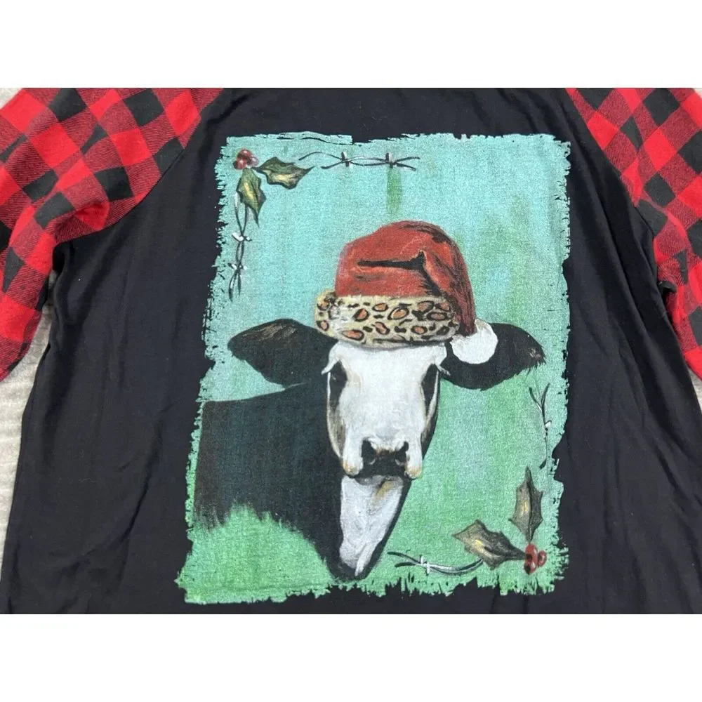 Crazy Train Top Womens‎ Large Multicolor Check Raglan Sleeves Cow Graphic - Picture 4 of 12